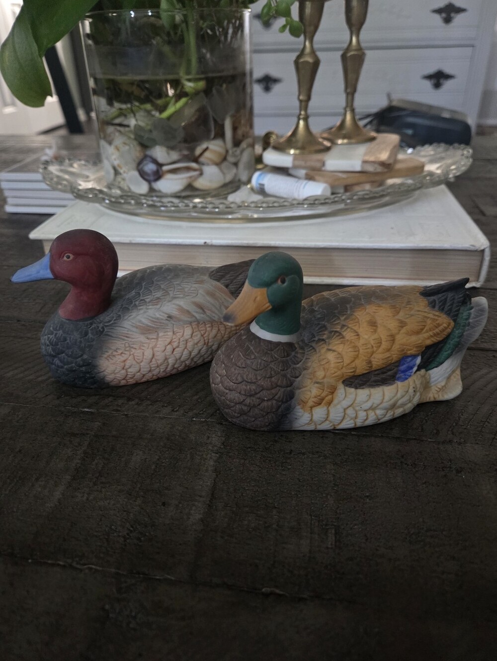 S/2 Vintage Ceramic Handpainted Duck Figurines with Multicolor Detailing Cottage